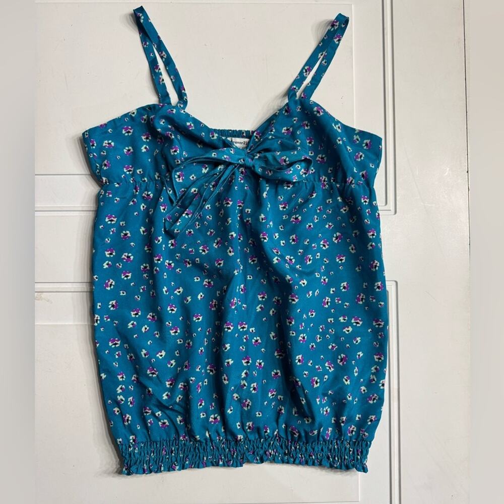 Forever 21 Girls Size XL 13/14 Blue Spaghetti Straps Blouse Tank Top Floral
